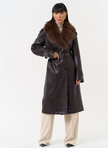 Женское утепленное пальто из экокожи с воротником из эко меха