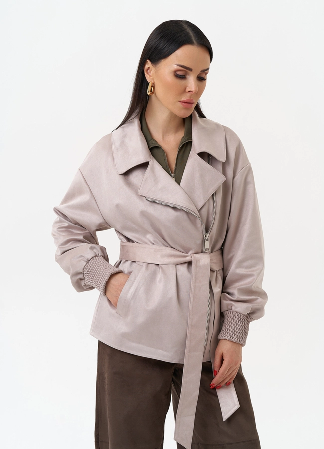 Женская куртка из эко замши с поясом модель № 30058 меха малина