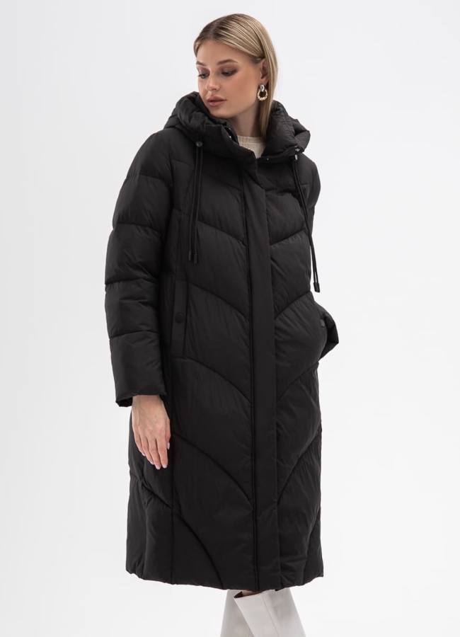 фото Женский пуховик черного цвета с капюшоном модель № 31115