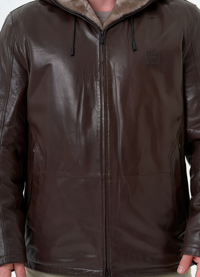 Мужская дубленка коричневого цвета с капюшоном модель № 31777 универмаг малина