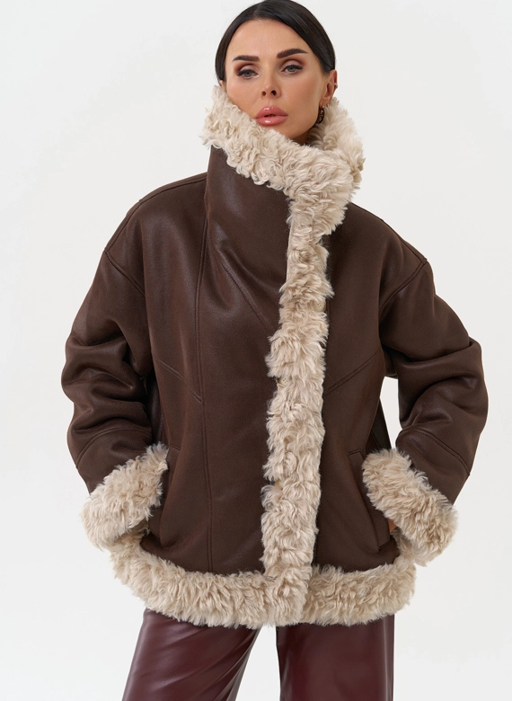 Дубленка из эко замши с высоким воротником