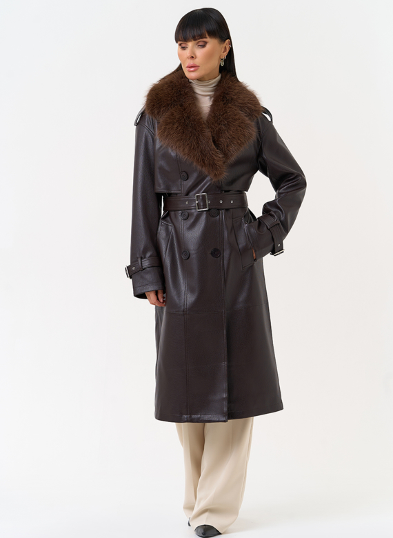 Женское утепленное пальто из экокожи с воротником из эко меха