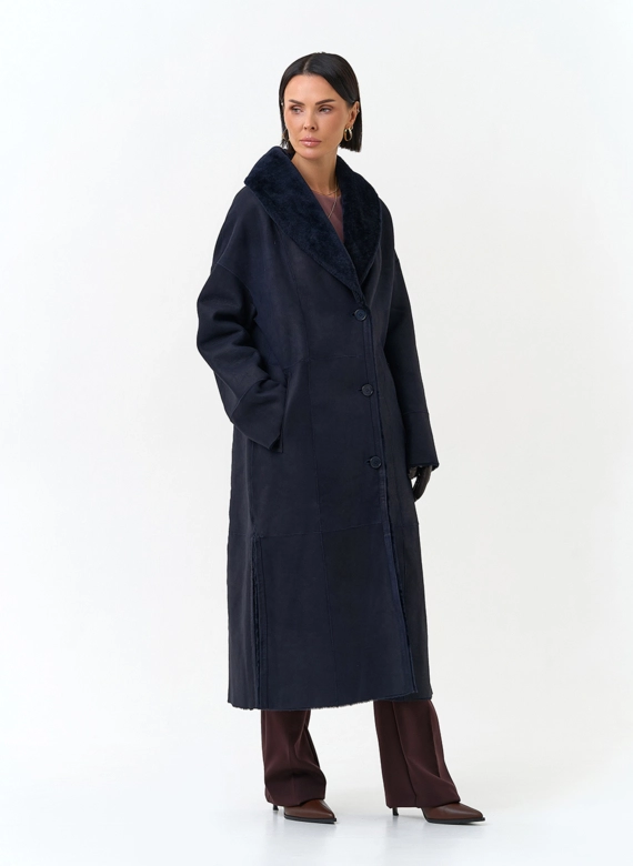Женская двухсторонняя дубленка с воротником шаль фото