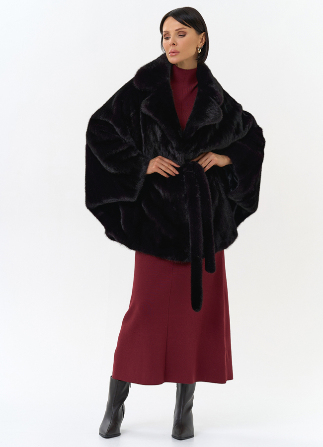 Шуба из меха норки с английским воротником в цвете баклажан модель № 31829 меха малина