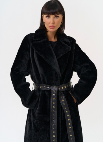 Женская натуральная дубленка с двойным поясом