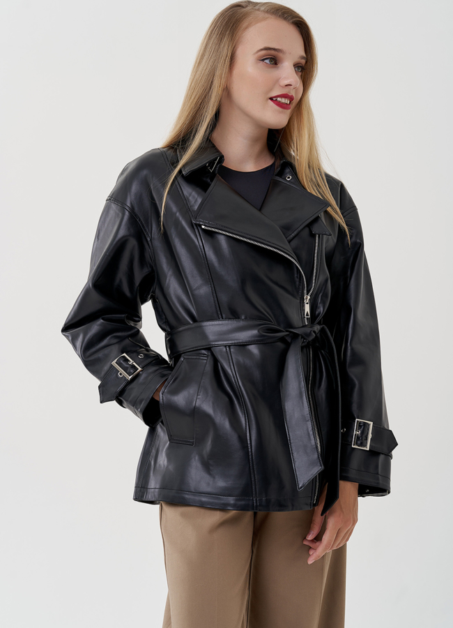 Утепленная весенняя куртка из эко кожи с поясом модель № 81224 в кредит