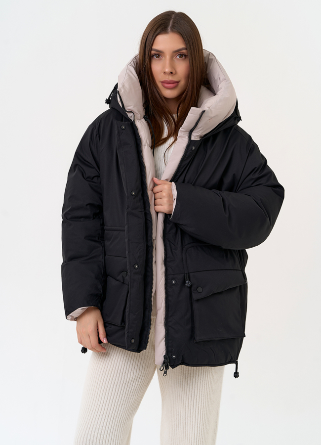 Двухсторонний женский пуховик с капюшоном модель № 31596 меха малина