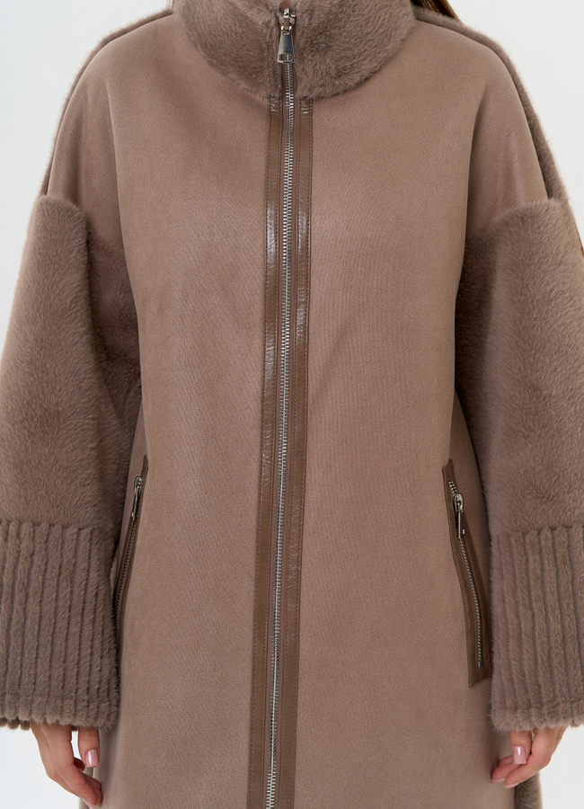 Женская двухсторонняя дубленка из эко замши с воротником стойкой модель № 31415 универмаг малина