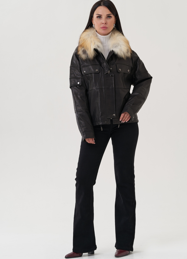 фото Женская куртка из натуральной кожи с отделкой из меха лисы модель № 25373