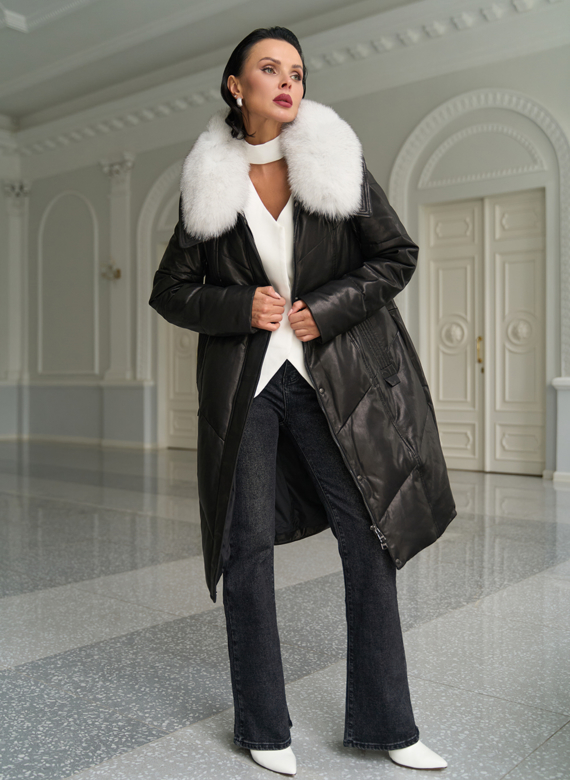 Длинный пуховик из натуральной кожи