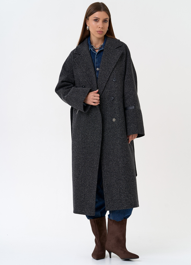 Женское пальто с отделкой из экокожи модель № 31336 в рассрочку