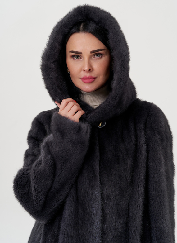 Норковая шуба балетка, в цвете графит с капюшоном