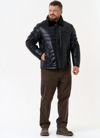 Пуховик из эко кожи с воротником стойкой