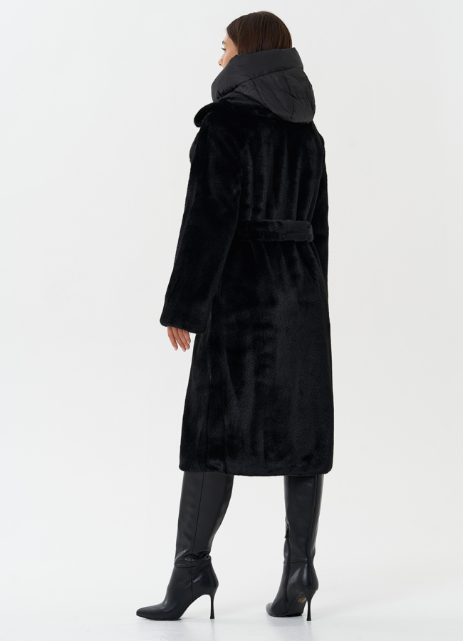 Женское пальто из экомеха с капюшоном модель № 28641 в кредит