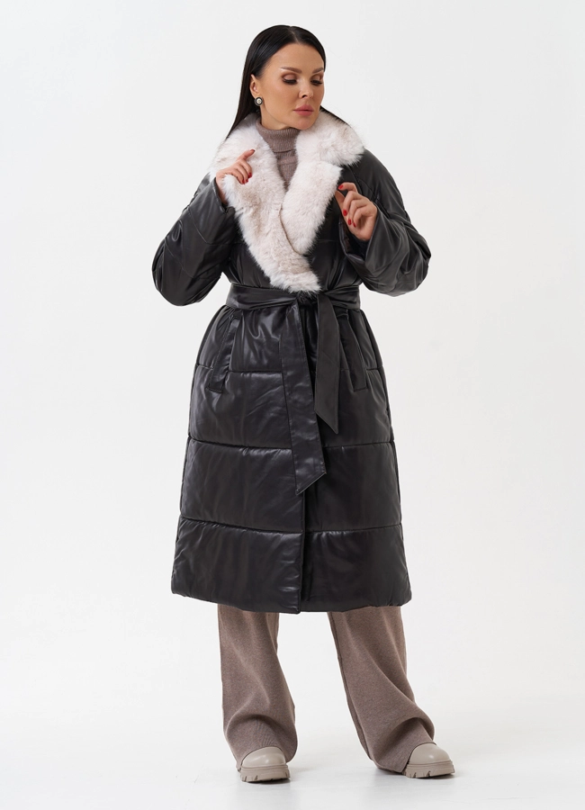 фото Пуховик из эко кожи с английским воротником модель № 28517