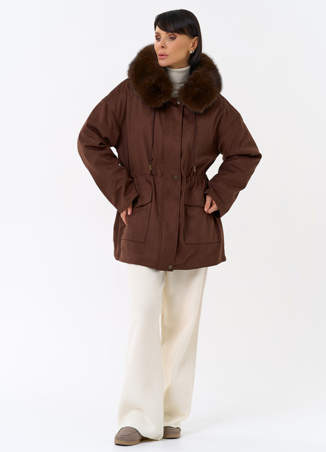 фото Женская парка из эко замши с капюшоном из эко меха модель № 31947