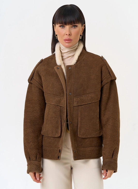 Женская натуральная дубленка в коричневом цвете