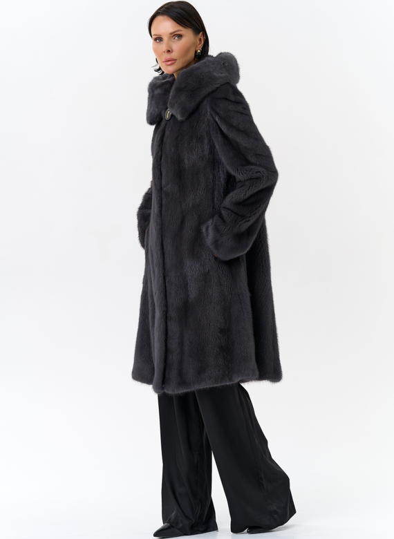 Норковая шуба годе/балетка в роспуск с капюшоном цвета графит