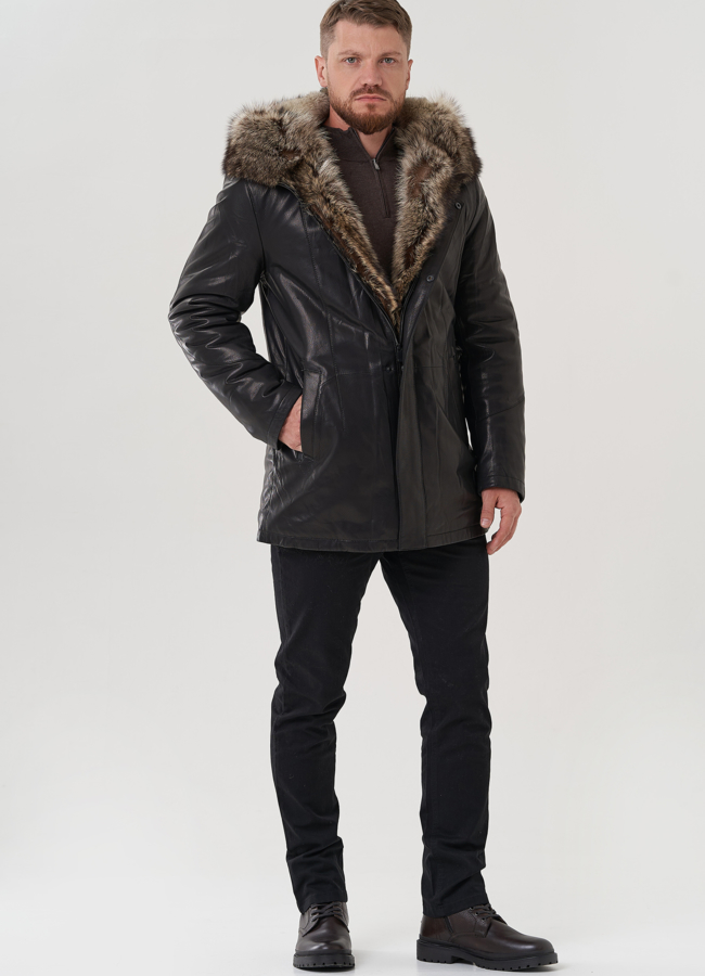 фото Мужская куртка с капюшоном на мехе из волка модель № 82264