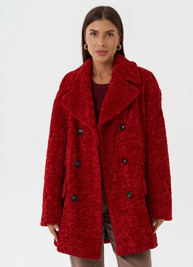 Яркое двубортное пальто с английским воротником модель № 28312 универмаг малина