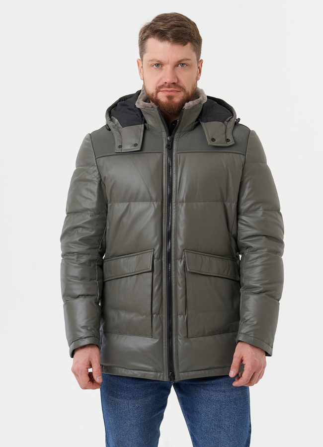 Кожаная куртка с капюшоном модель № 28576 меха малина