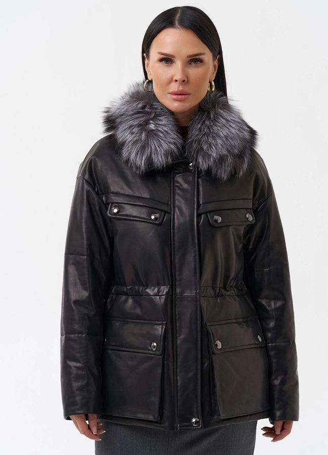 Кожаный пуховик с мехом модель № 29405 универмаг малина