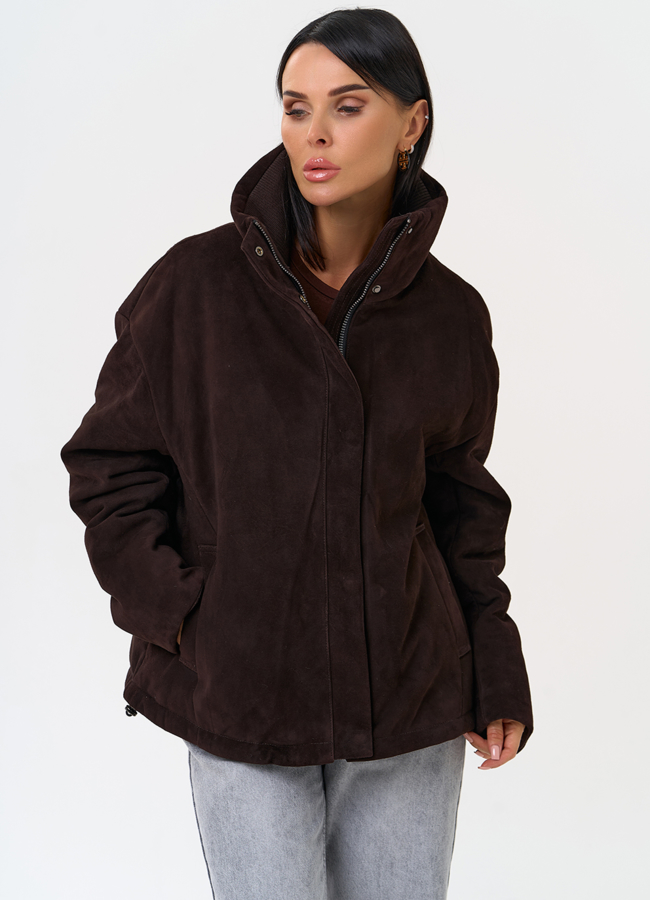 Куртка -пуховик из натуральной замши модель № 31373 меха малина