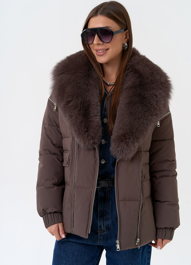 Женский пуховик с воротником из меха песца модель № 31427 универмаг малина