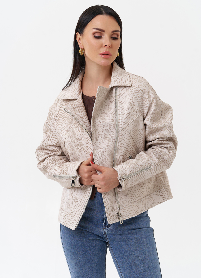 Светлая куртка из натуральной кожи с принтом змея модель № 4443 универмаг малина