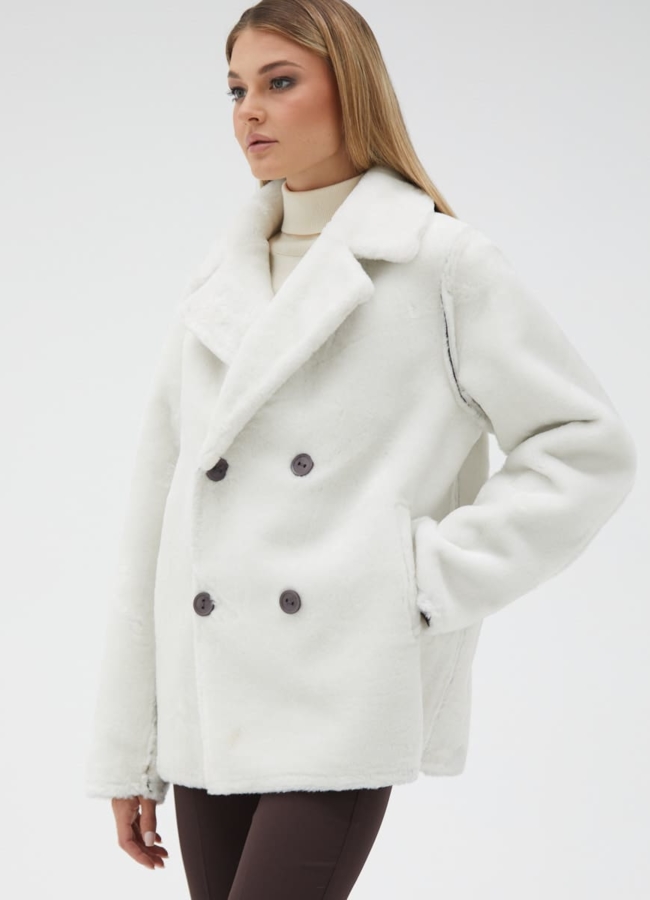 Женская двухсторонняя дубленка из эко кожи с английским воротником модель № 31869 в рассрочку