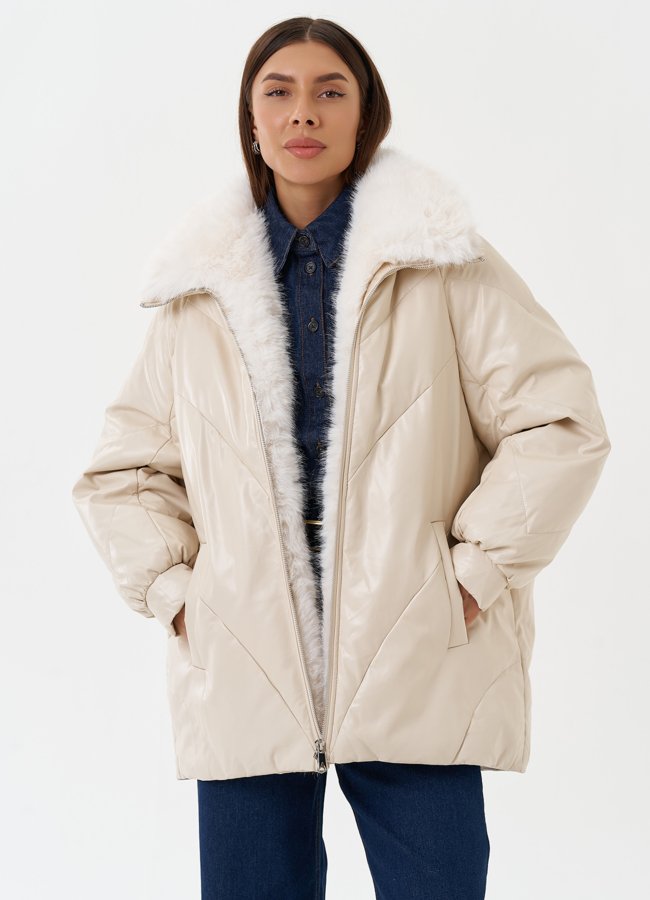 Пуховик из эко кожи с воротником из эко меха модель № 27990 в кредит