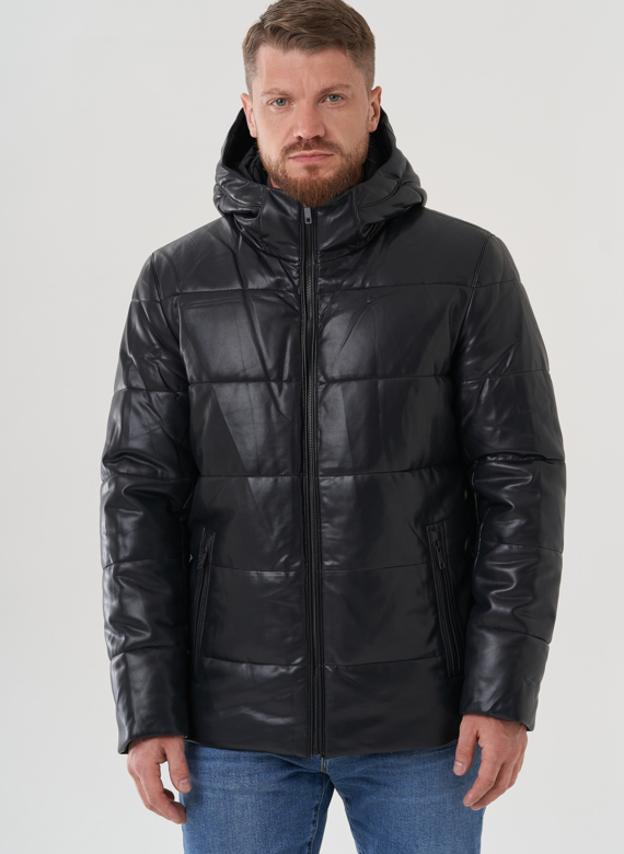 Пуховик мужской из эко кожи с капюшоном 
